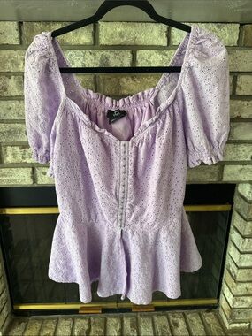 City Chic Lilac Eyelet Peplum Blouse with Puff Sleeves